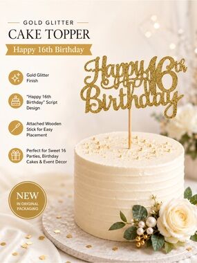 Sparkling Gold Happy 16th Birthday Cake Topper